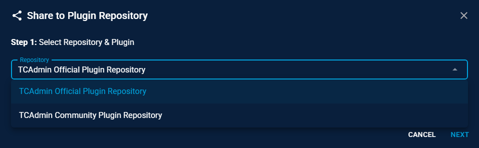 Step 1 of the share window, with the repository dropdown open