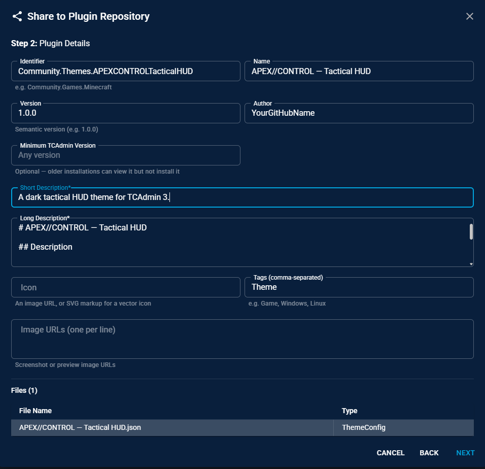 Step 2 of the share window, with the plugin details filled in
